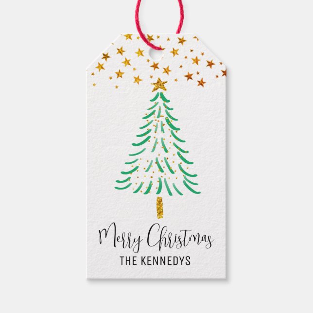 Étiquettes-cadeau Aquarelle Arbre de Noël Or Parties scintillant Éto (Devant)