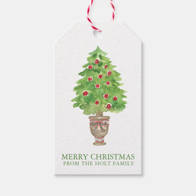 Étiquettes-cadeau Aquarelle Arbre de Noël Topiaire (Devant)