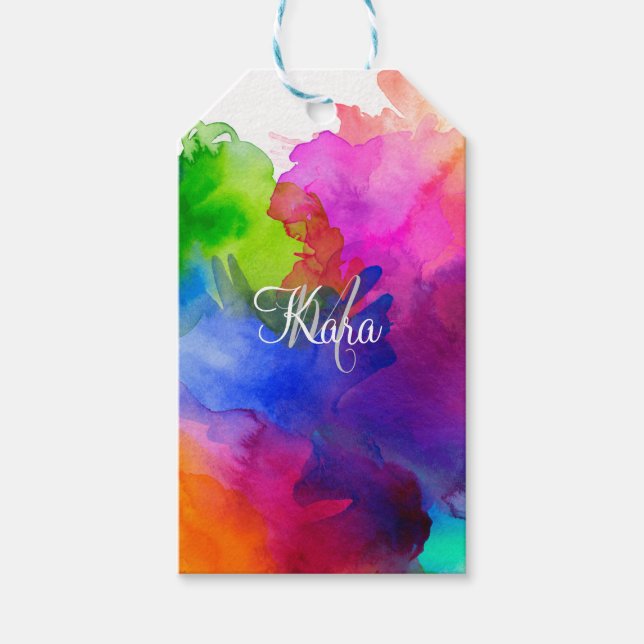 Étiquettes-cadeau Aquarelle arc-en-ciel Nom Abstrait Monogramme (Devant)