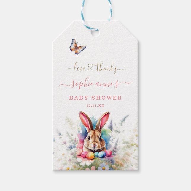 Étiquettes-cadeau Aquarelle Baby shower lapin Fleur sauvage de Pâque (Devant)