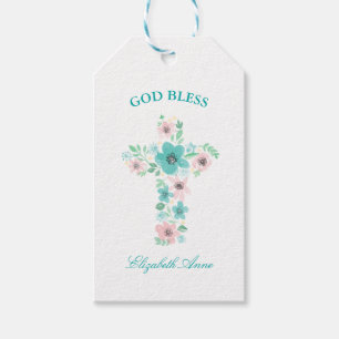Étiquettes-cadeau Aquarelle Baptisée Croix rose et Turquoise