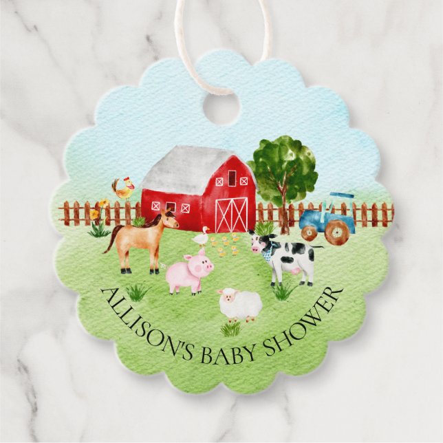 Étiquettes Cadeau Aquarelle Barnyard Animaux Baby shower Favoriser (Devant)