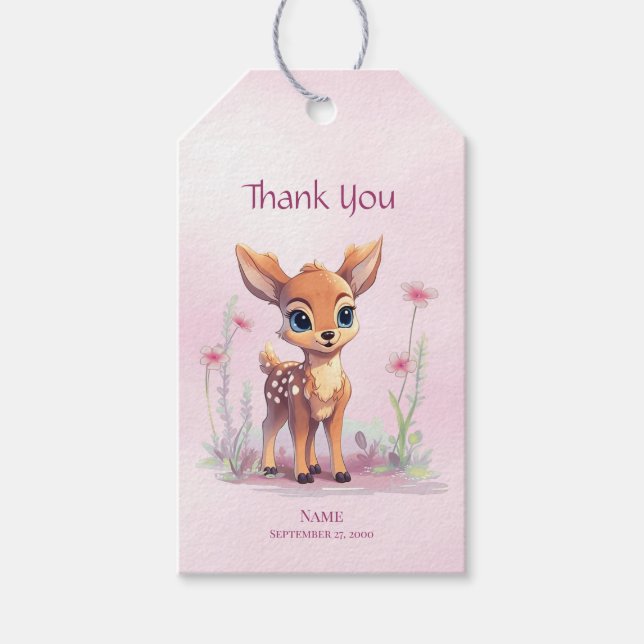 Étiquettes-cadeau Aquarelle Bébé Cerf Fleurs roses Balise cadeau (Devant)