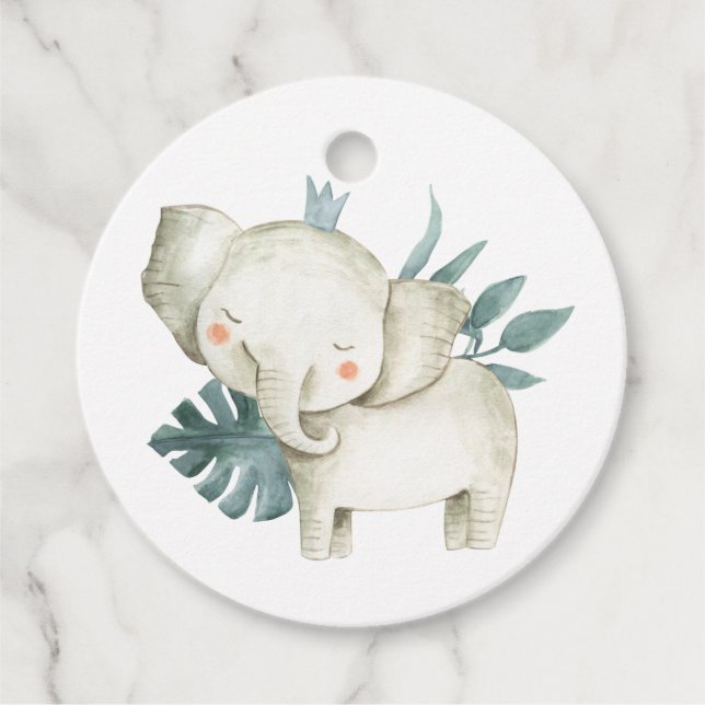 Étiquettes Cadeau Aquarelle bébé éléphant Prince Tropical Anniversai (Devant)