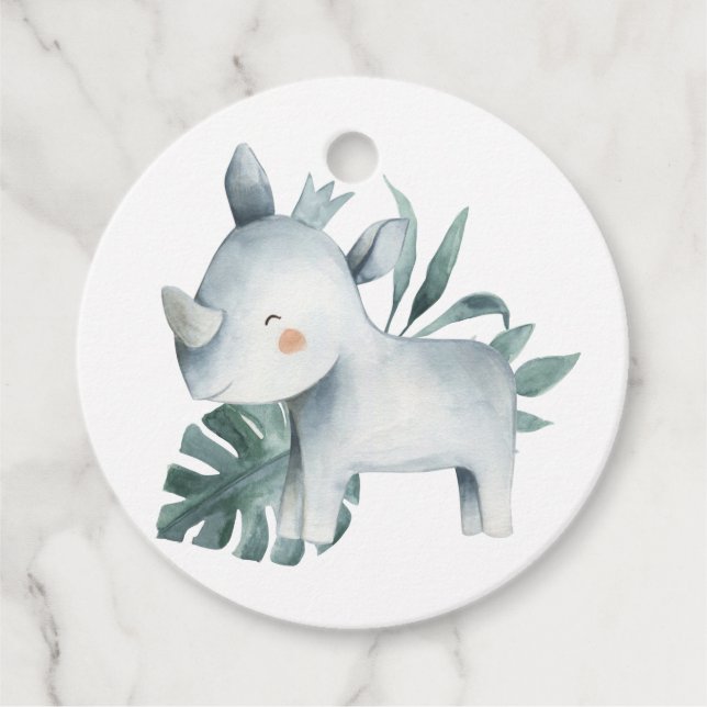Étiquettes Cadeau Aquarelle Bébé Rhinoceros Prince Jungle Anniversai (Devant)