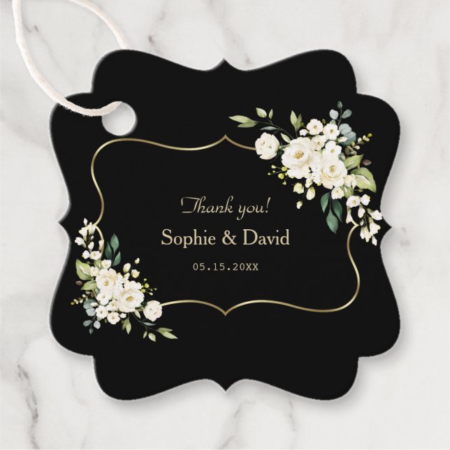 Étiquettes Cadeau Aquarelle Blanc Floral Or noir Mariage (Devant)