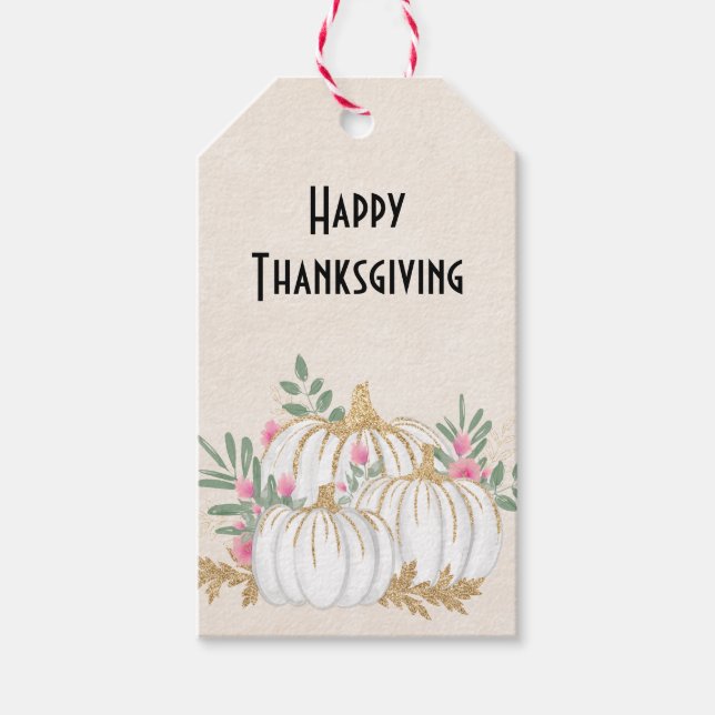 Étiquettes-cadeau Aquarelle blanche et or Citrouille Thankesgiving (Devant)