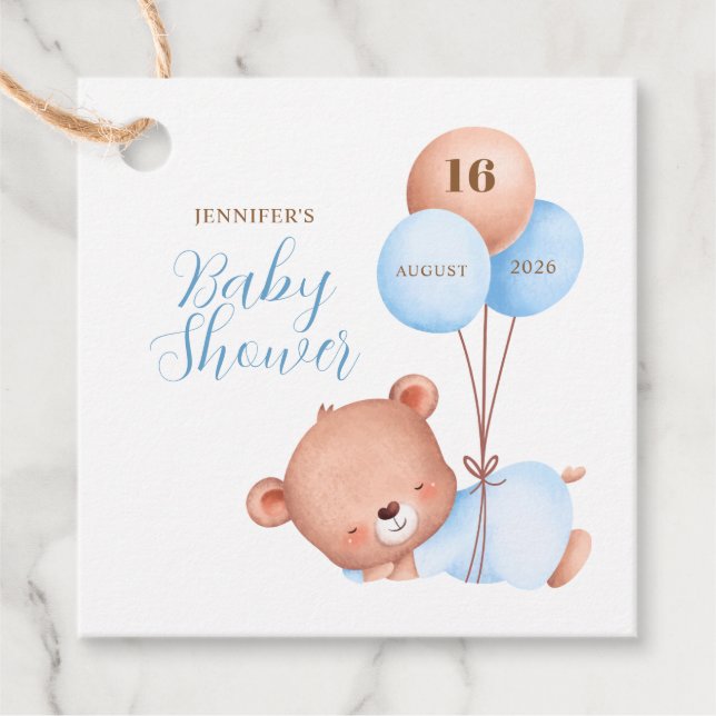 Étiquettes Cadeau Aquarelle Bleu Balloon Baby shower Ours En Teddy (Devant)