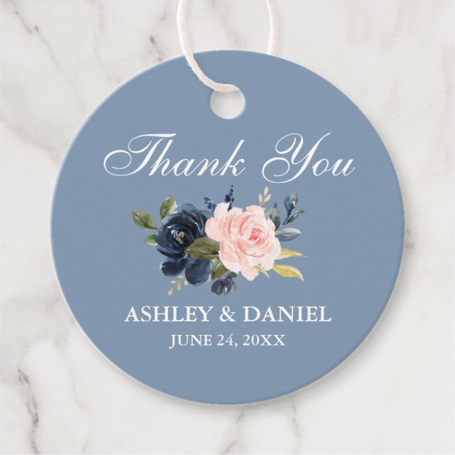 Étiquettes Cadeau Aquarelle bleu bleu rose rose Merci floral (Devant)