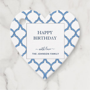 Étiquettes Cadeau Aquarelle Bleu et blanc Forme du coeur Joyeux anni