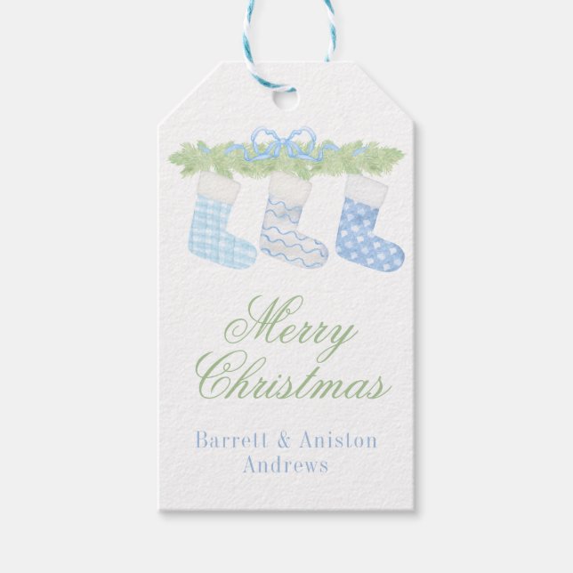Étiquettes-cadeau Aquarelle Bleu et Blanc Noëls de Noël (Devant)