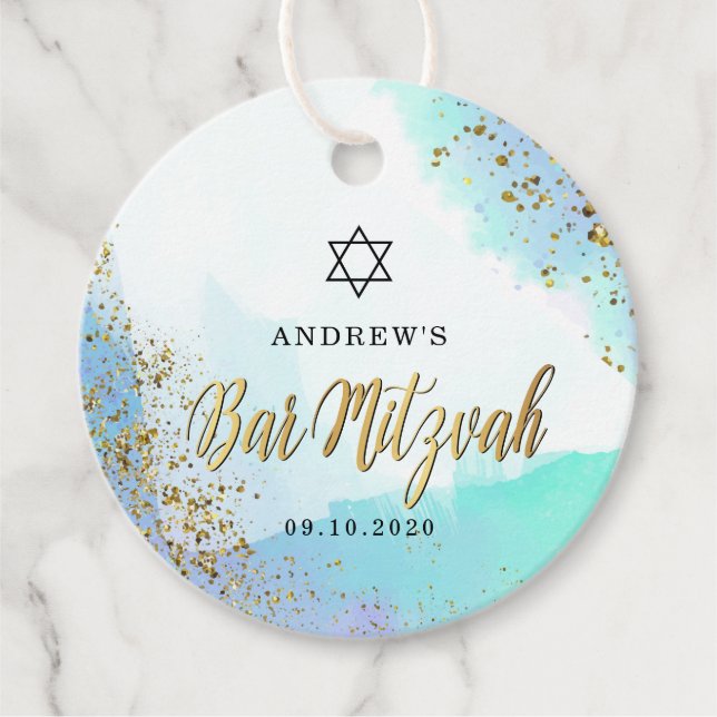Étiquettes Cadeau Aquarelle bleu et or Star de David Bar Mitzvah (Devant)