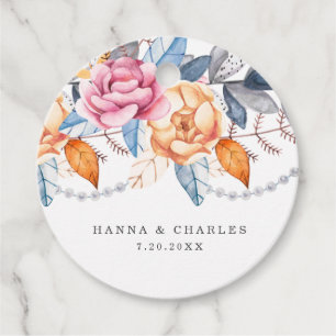 Étiquettes Cadeau Aquarelle bleu gris orange rose Mariage floral