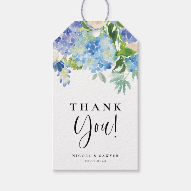 Étiquettes-cadeau Aquarelle bleu Hydrangea et Merci Rose ivoire (Devant)