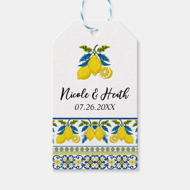 Étiquettes-cadeau Aquarelle bleu jaune citron Mariage méditerranéen (Devant)