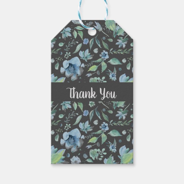 Étiquettes-cadeau Aquarelle bleu sur gris foncé floral (Devant)
