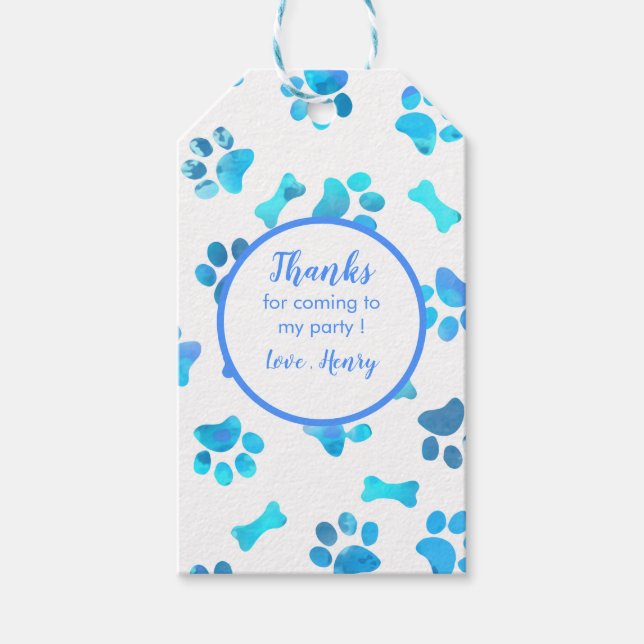 Étiquettes-cadeau Aquarelle bleue Empreintes de pattes Anniversaire (Devant)