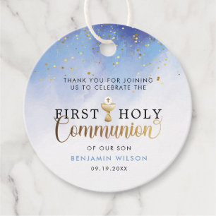 Étiquettes Cadeau Aquarelle bleue Premier Merci de communion