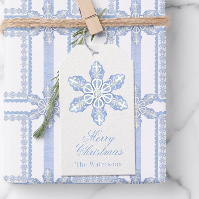 Étiquettes-cadeau Aquarelle Blue Designer Snowflon Noël (Créateur téléchargé)