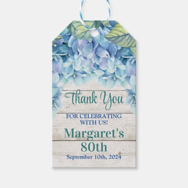 Étiquettes-cadeau Aquarelle Blue Hydrangea 80e anniversaire (Devant)