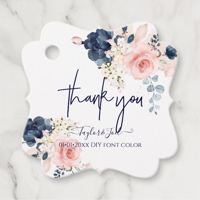 Étiquettes Cadeau Aquarelle Blush marine Bleu Rose Script Merci (Devant)
