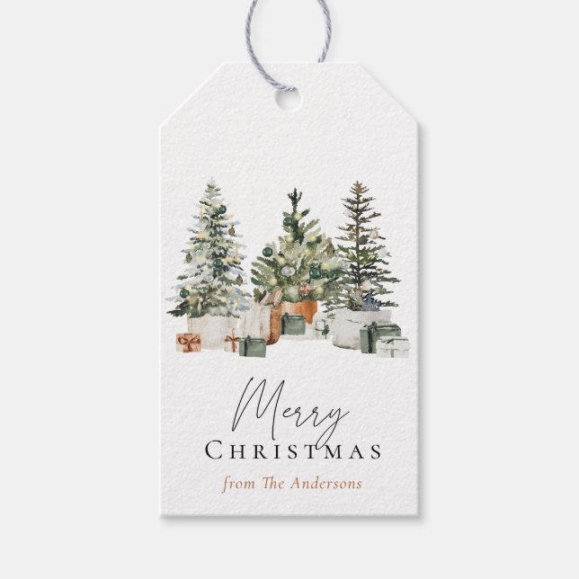 Étiquettes-cadeau Aquarelle Boho Chic Arbre de Noël Rustique Vacance (Devant)