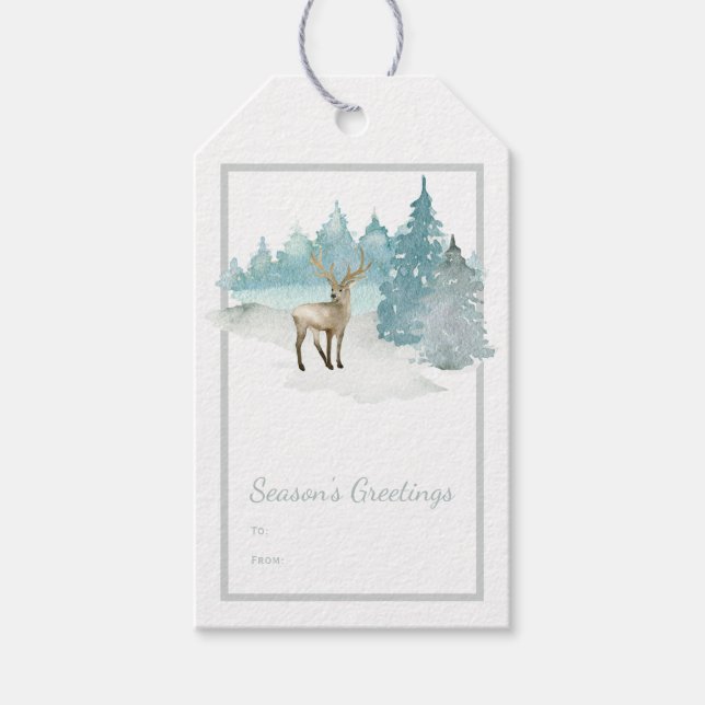 Étiquettes-cadeau Aquarelle Bois hiver Cerf Noël (Devant)