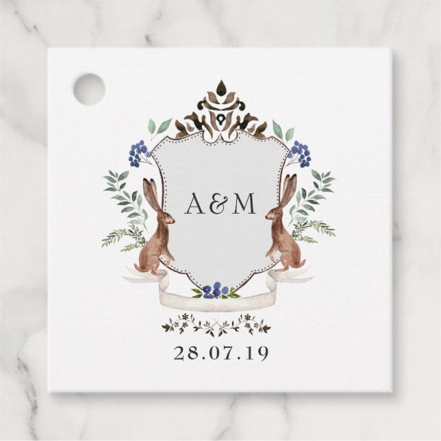Étiquettes Cadeau Aquarelle Bois Laurel Crest Monogramme Mariage (Devant)