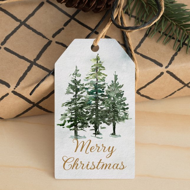 Étiquettes-cadeau Aquarelle Bois rustique Pins Noël (Créateur téléchargé)