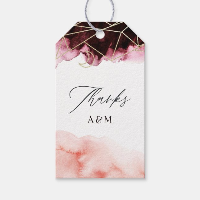 Étiquettes-cadeau Aquarelle bordeaux et bleu Mariage géométrique (Devant)
