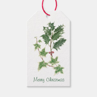 Étiquettes-cadeau Aquarelle botanique de Noël Holly & Ivy Sprig