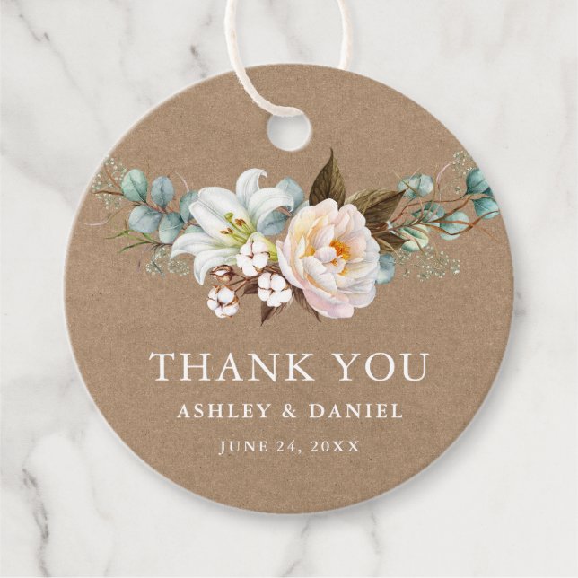Étiquettes Cadeau Aquarelle Botanique Floral Mariage Kraft (Devant)