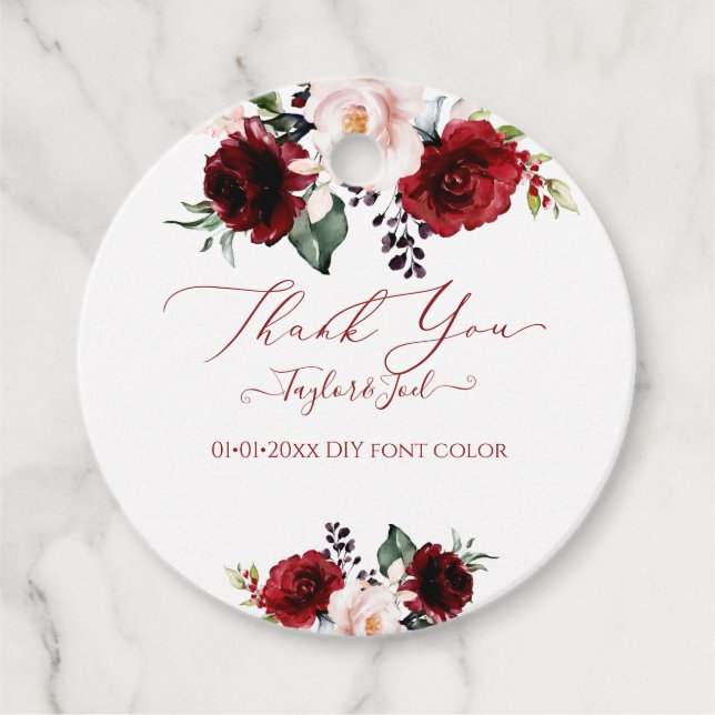 Étiquettes Cadeau Aquarelle Bourgogne Blush Flowers Merci (Devant)