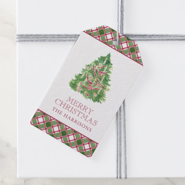 Étiquettes-cadeau Aquarelle Bourgogne et arbre de Noël vert plaid (Créateur téléchargé)