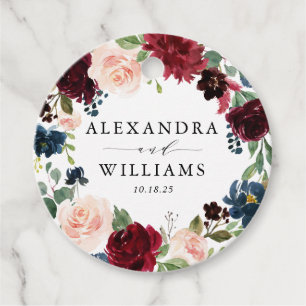 Étiquettes Cadeau Aquarelle Bourgogne et Mariage Floral bleu