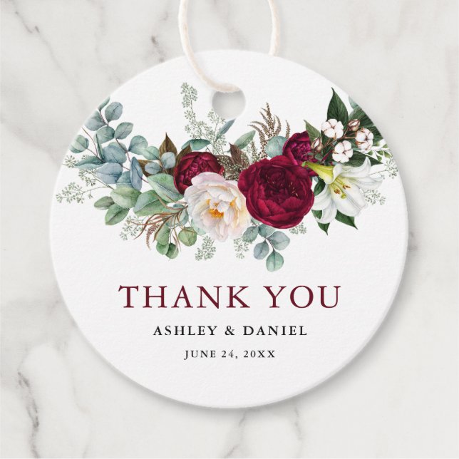 Étiquettes Cadeau Aquarelle Bourgogne Floral Mariage (Devant)