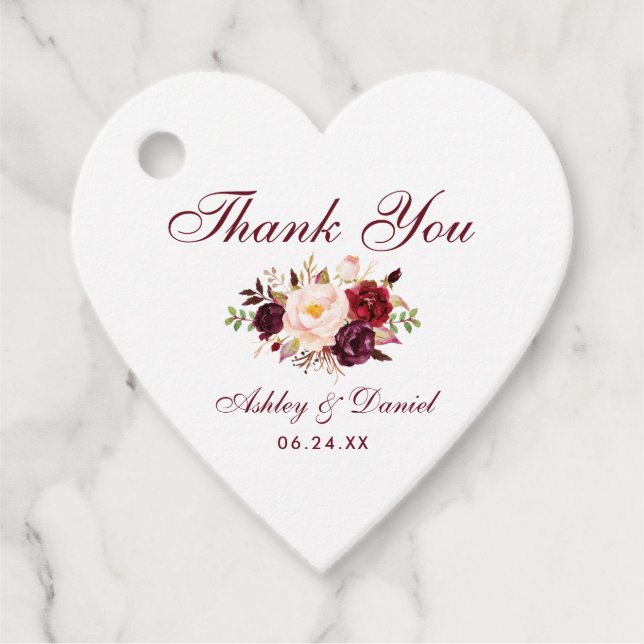 Étiquettes Cadeau Aquarelle Bourgogne Floral Mariage Coeur Merci (Devant)