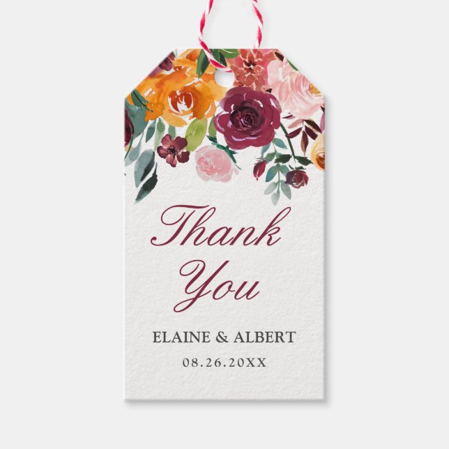 Étiquettes-cadeau Aquarelle Bourgogne Mariage rose Merci (Devant)