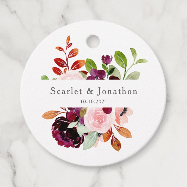 Étiquettes Cadeau Aquarelle Bourgogne rousse Automne Mariage Floral (Devant)