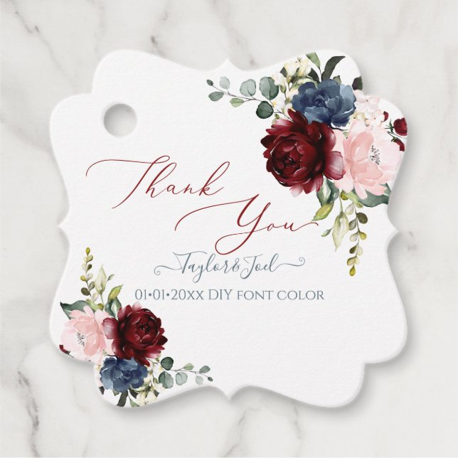 Étiquettes Cadeau Aquarelle Burgundy Blush Dusty Blue Flowers (Devant)