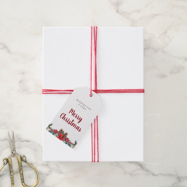 Étiquettes-cadeau Aquarelle - cadeau de Noël | Fleurs rouges d'hiver (Avec de la ficelle)