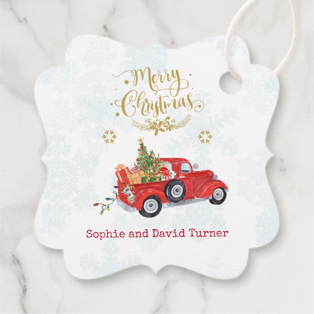 Étiquettes Cadeau Aquarelle Camion de Noël Joyeux Noël Script (Dos)