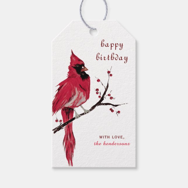 Étiquettes-cadeau Aquarelle Cardinal Joyeux anniversaire (Devant)