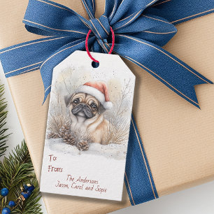 Étiquettes-cadeau Aquarelle Carlin dans Santa Hat Christmas Gift Tag