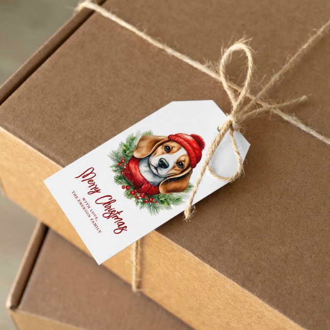 Étiquettes-cadeau Aquarelle Chien Beagle de Noël (Créateur téléchargé)