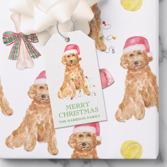 Étiquettes-cadeau Aquarelle Chien Père Noël de Noël (Créateur téléchargé)