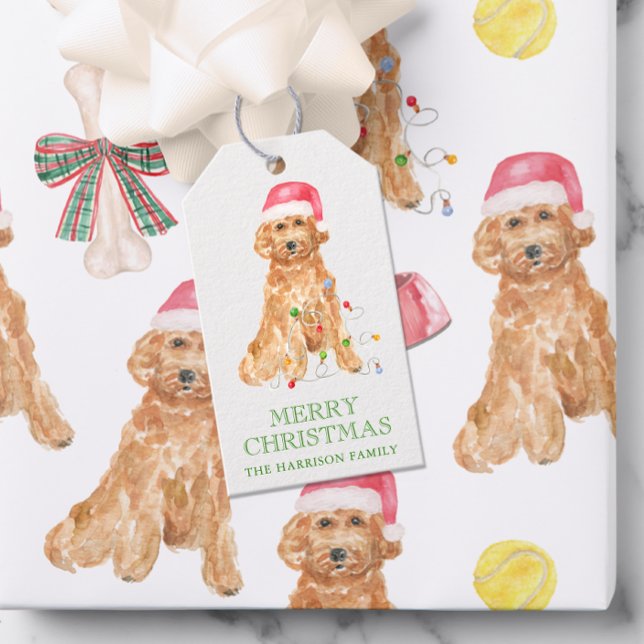 Étiquettes-cadeau Aquarelle Chien Père Noël de Noël (Créateur téléchargé)