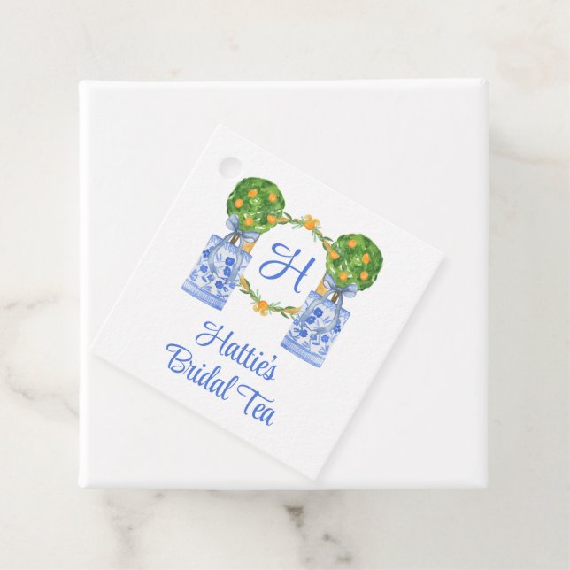 Étiquettes Cadeau Aquarelle Chinoiserie Citrus Topiaire Monogramme (En situation)