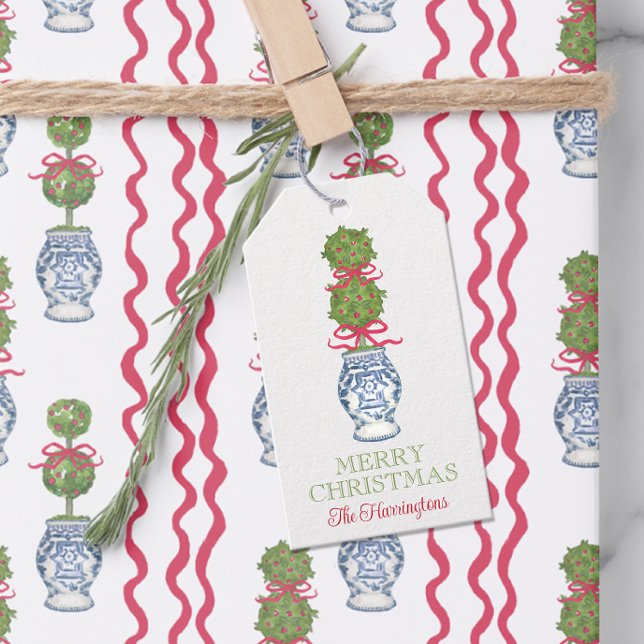 Étiquettes-cadeau Aquarelle Chinoiserie Noël Bow rouge Topio (Créateur téléchargé)