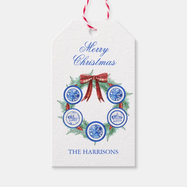 Étiquettes-cadeau Aquarelle Chinoiserie Plaques Wreath Noël (Devant)